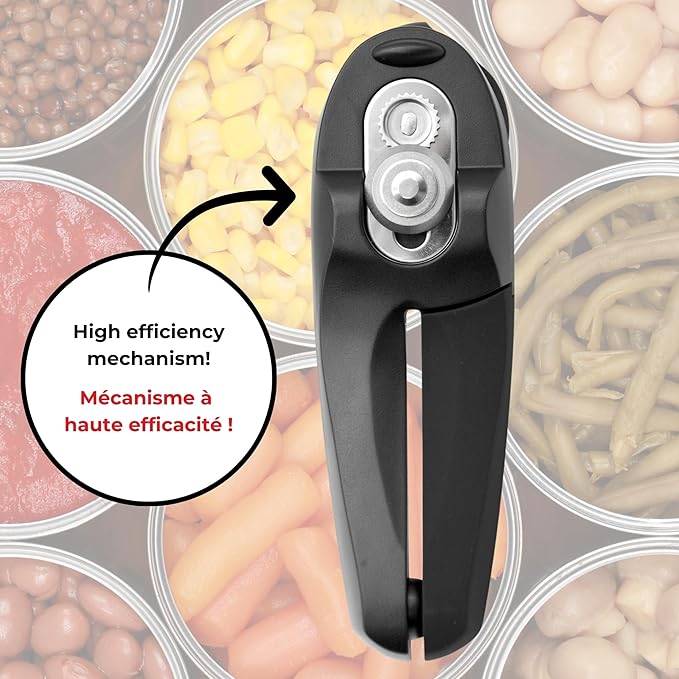 Starfrit MightiCan Can Opener, Safe Smooth-Cut, Comfort Grip, Black | Safe can opener. Holds lid after cutting. No sharp edges. Comfort grip. Non-slip knob. 3-year warranty.