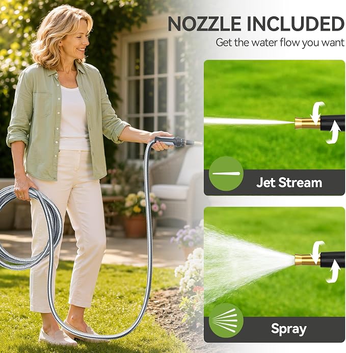 SPECILITE Expandable Metal Garden Water Hose 50 FT with Adjustable Nozzle | 1.5X Expandable, 304 Stainless Steel Heavy Duty, Flexible, Kink Free, Leak-Proof, Lightweight, for Reel Outdoor Yard Car Wash