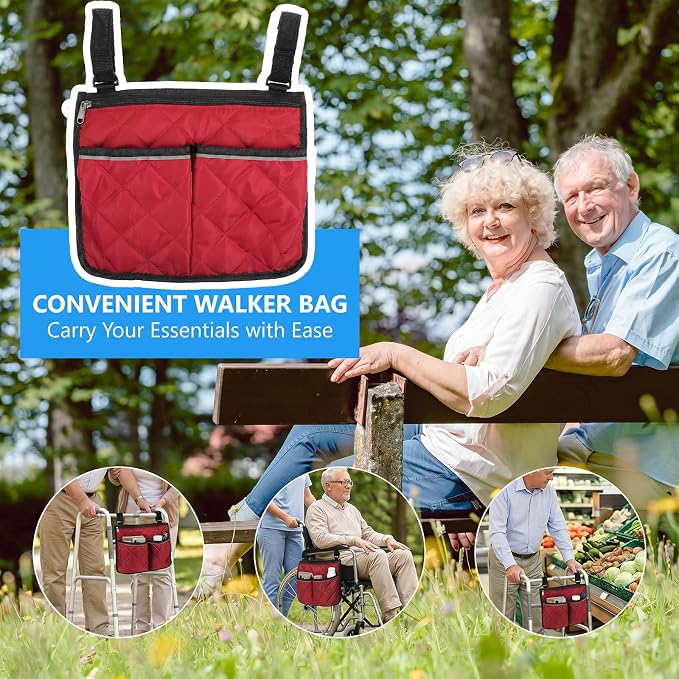 Walker Bag for Folding Walker Walker Basket with Reflective Safety Strips Foldable Wheelchair Storage Bag with 2 Adjustable Straps for Night Visibility Seniors Elderly (Claret)