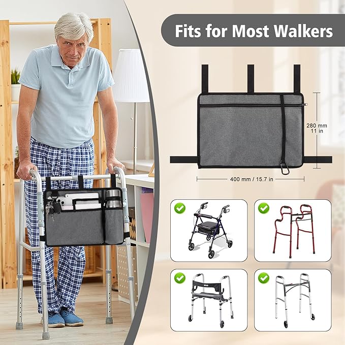 supregear Accessories Bag for Walker, Wheelchair, Rollator - Walker Basket Bag w/Cup Holder - Seniors Caddy Attachment Pouch for Walkers, Water Resistant Large Capacity Carry Storage Carrier Tote