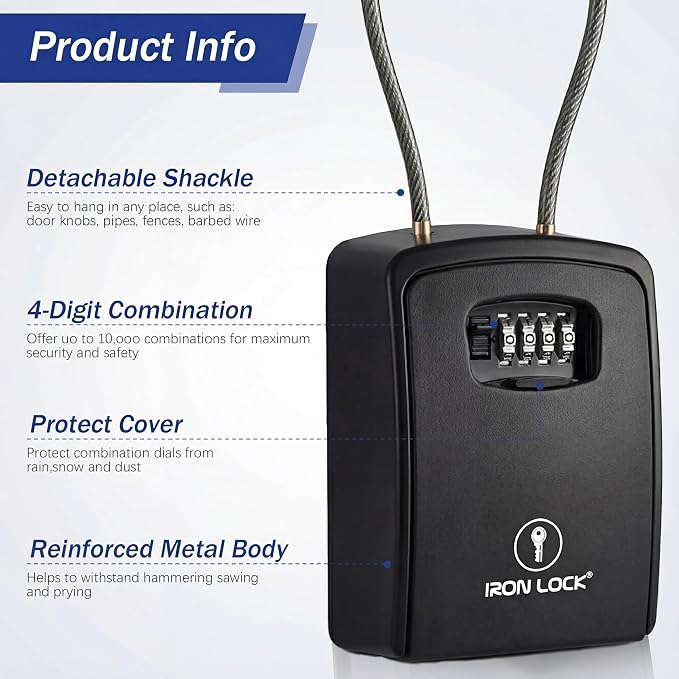 Iron Lock® XXL Portable Key Lock Box, 15in Steel Cable, Code (XXL, Black) | Holds 20-30 keys + car fobs; unique built-in tray; loops on gate or rail or wall-mounts; resettable code; dial cover