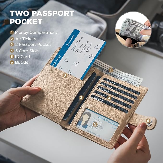 VULKIT Dual Passport Wallet for 2 Passports Airtag Holder RFID Blocking Travel Wallets