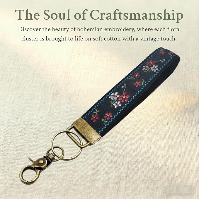 Boho Vintage Embroidered Floral plant Wristlet Keychain for Women | Cute Lanyard&Antique Brass Clasp, Lightweight Hands-Free Key Holder for keys,purses,handbags and daily outdoor use for ladies