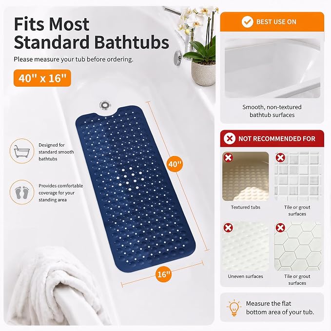 Yimobra Non Slip Bathtub Mat 40 x 16 Inch, Extra Long Shower Mat with Drain Holes, Machine Washable Baby Bath Mats, Strong Suction Cups for Bathroom Floor, Navy Blue