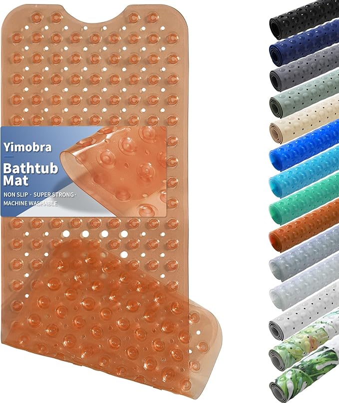 Yimobra Non Slip Bathtub Mat 40 x 16 Inch, Extra Long Shower Mat with Drain Holes, Machine Washable Baby Bath Mats, Strong Suction Cups for Bathroom Floor, Clear Brown
