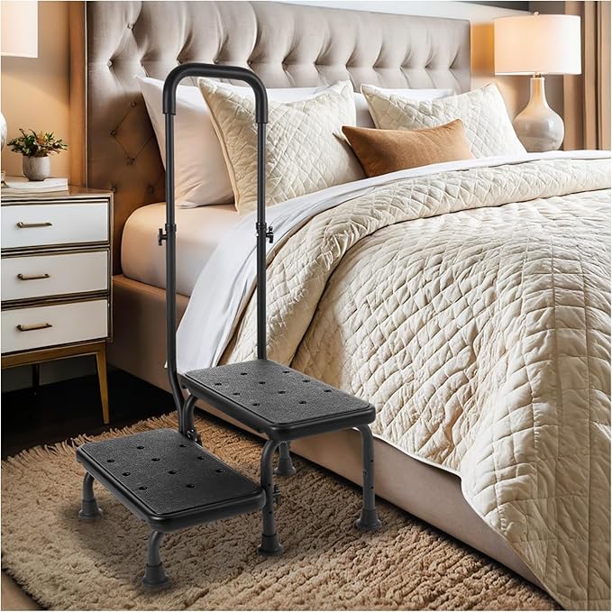 2 Step Stool with Handle for Elderly - Bed Steps for High Beds with Adjustable Handrail &Non-Slip Platform, Holds up to 450 lbs