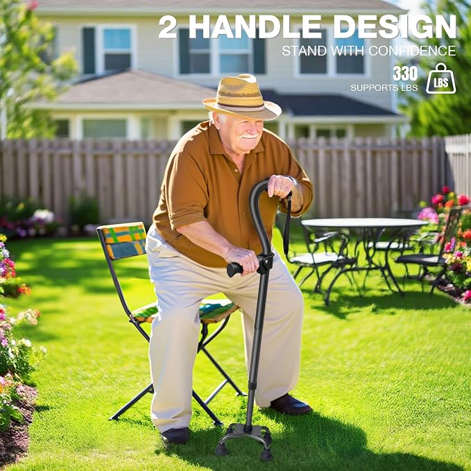 Quad Cane, 4 Prong Walking Cane for Men & Women, Heavy Duty| Adjustable Walking Canes for Seniors Balance, Self Standing Cane with Ergonomic Handle(330lb)
