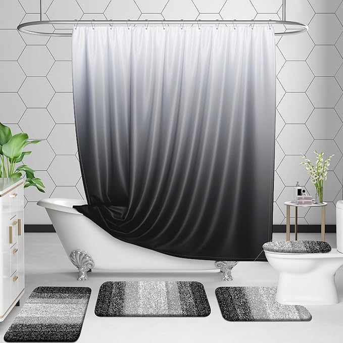OLANLY Bathroom Rug Set 2 Piece, Soft Absorbent Microfiber Bath Mats and U-Shaped Contour Toilet Rug, Non-Slip, Machine Wash Dry, Plush Shaggy Bath Mats for Bathroom (30"x20"+24"x20", Black)