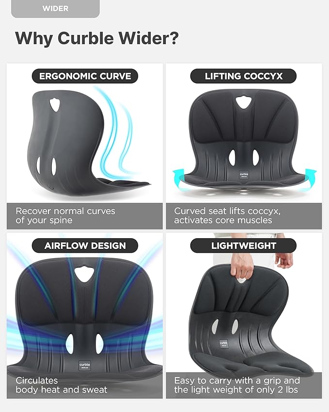 curble Wider 2 Pack – Ergonomic Desk Chair Seat Cushion, Everyday Passive Posture Trainer for Work from Home, Office & Car, Breathable Lumbar Support (Black)