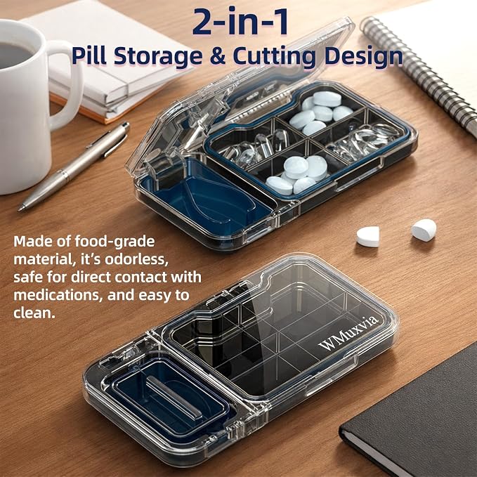 Pill Organizer with Pill Splitter Cutter, 4 Compartments Small Portable Medicine Case for Purse Pocket, Pill Vitamin Dispenser Holder, (Gray)