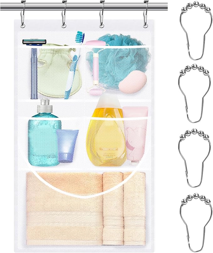 Mesh Shower Caddy Hanging,Hanging Mesh Pockets Shower Curtain Liner Pockets Hanging with Pockets Quick Dry Cruise RV Camper Bathroom Organizer with Shower Curtain Hooks