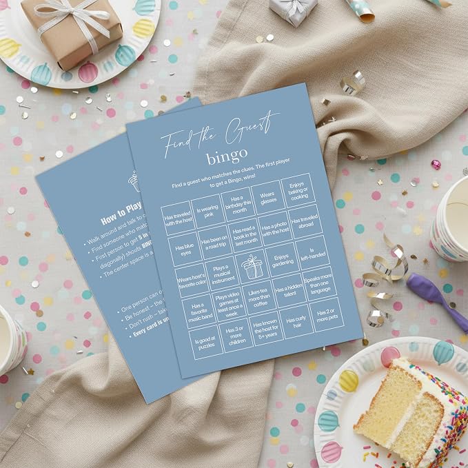 Find The Guest Bingo Cards – 25 Unique Cards, Icebreaker Party Games for Adults, Rustic Blue Mingle Activity for Birthday Parties, Family Reunions, Office Events & Friendsgiving