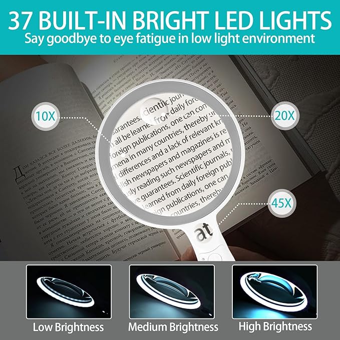 Large Magnifying Glass with 37 LED Light, 10X 20X 45X Handheld Illuminated Lighted Magnifier with 3 Light Modes Rechargeable Magnifying Glass for Seniors Reading, Inspection (Grey & White)