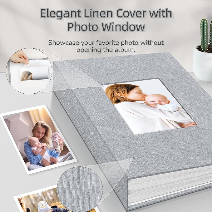 Popotop Photo Album 4x6-300 Photos Linen Cover Photo Books with 300 Horizontal Pockets,Slip-in Picture Albums for Family Wedding Anniversary Baby Vacation Pictures Gray