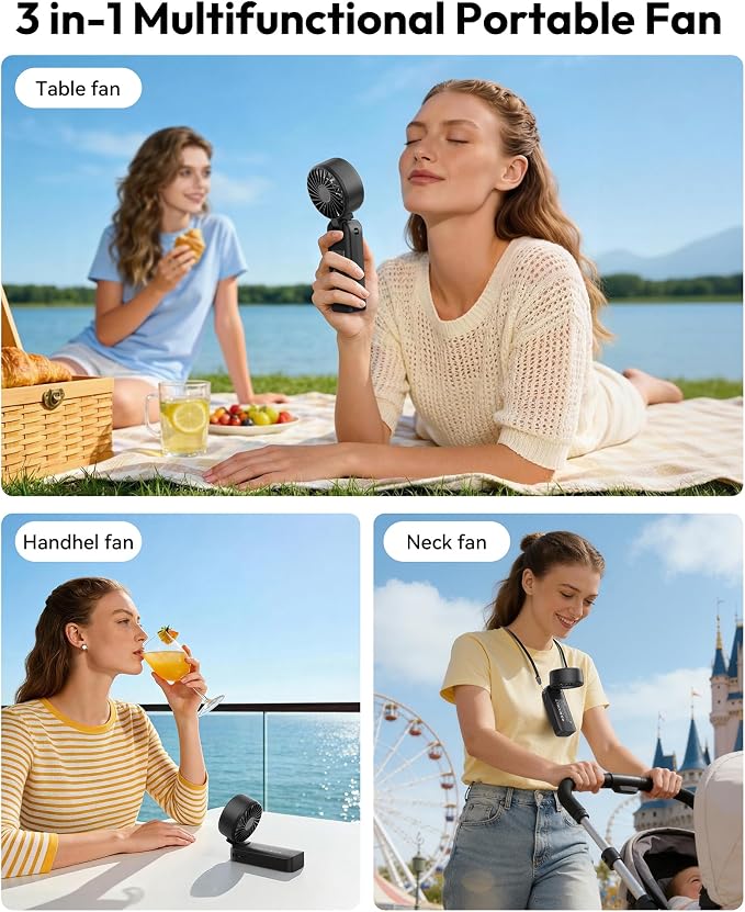Gaiatop Portable Handheld Fan, 5 Speed Rechargeable Battery Max 18 Working Hours, 3 IN 1 Neck/Desk/Hand Fan Cooling for Travel, Beach, Women/Men Outdoor Activities Gifts - Black