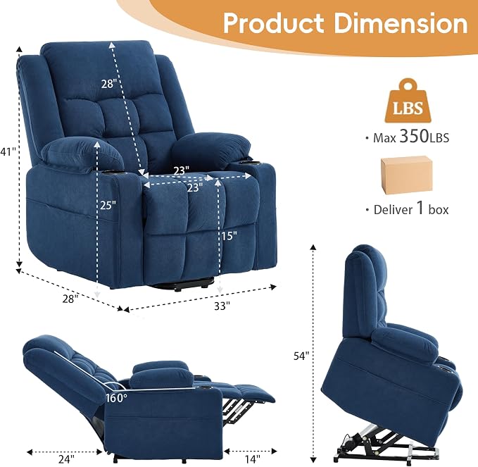 Power Lift Recliner Chair for Elderly Adults with Massage and Heat, Fabric Electric Recliner Sofa with Side Pocket, Two Cup Holders for Living Room L9912 (Navy Blue)