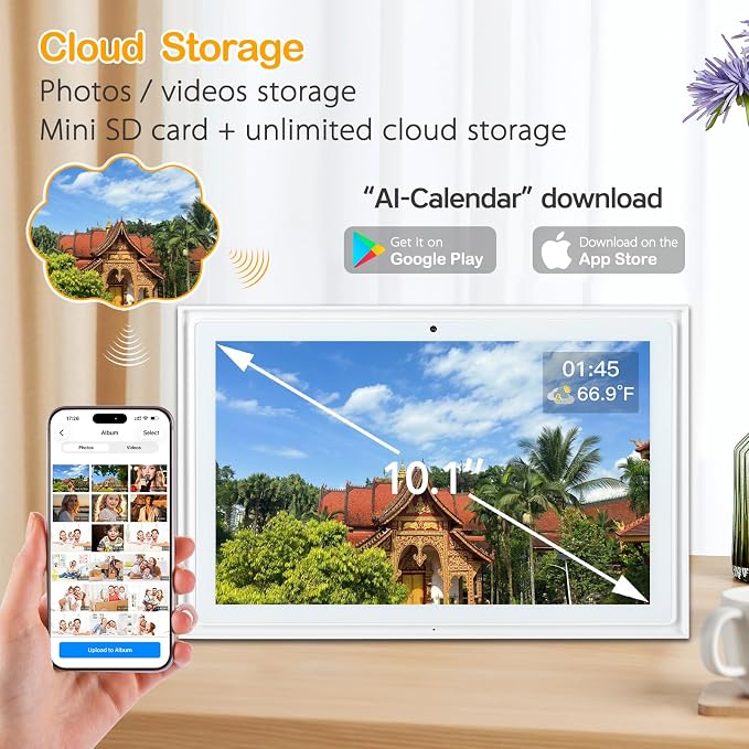 10.1-inch Digital Family Calendar, No Subscription, Video Call, Dual Mount | Calendar Sync, Chore Charts, Meal Planner, HD Photo Frame, Small Space Fit