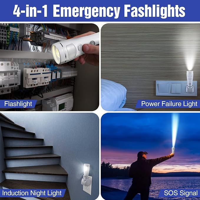 Enhon 9 Pack 4 in 1 LED Emergency Lights for Home Power Failure, Rechargeable Plug in Flashlight Motion Sensor Night Light, Automatic Turn On Power Outage Light for Home Hurricane Supplies (White)