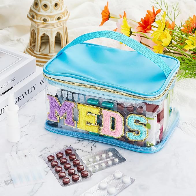 Geetery Chenille Letter Bag, Meds Cheer Travel Cases Cheerleader Gifts Cosmetic Bag Nylon Makeup Portable Preppy Patch with Zipper Toiletry Storage Case for Women(Blue,Meds)