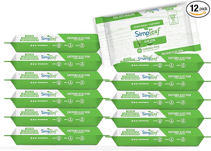 Simpleaf Flushable Wet Wipes Aloe Vera | Plastic Free, Paraben & Alcohol Free | Hypoallergenic & Safe for Sensitive Skin | Soothing Aloe Formula | Adult Toilet Wipes (12 x 50 Counts Pack) 600 Counts