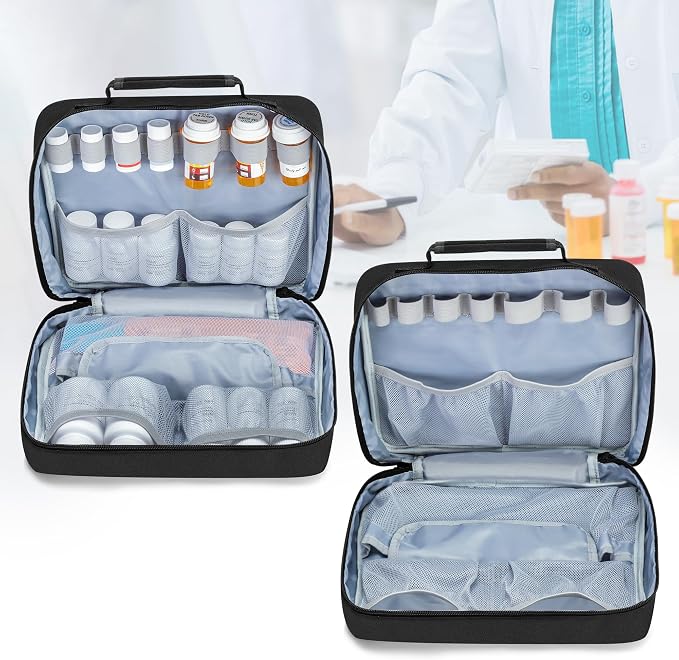 Damero Pill Bottle Organizer, Medicine Bottles Storage Bag, Black | Medication Travel Carrying Case, with Mesh Pouches and Elastic Bands, for Pill Organizer, Vitamins, Medical Supplements