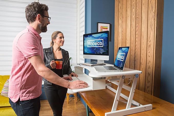 Rocelco 37.5" Height Adjustable Standing Desk Converter with Dual Monitor Mount and Anti-Fatigue Mat - Slide Out Retractable Keyboard Tray - Sit Stand Up Tabletop Riser - White (R DADRW-DM2-MAF)
