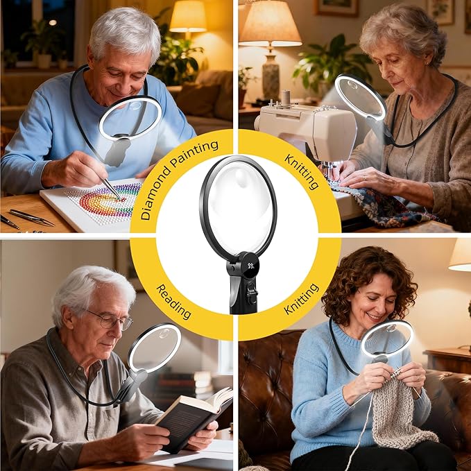 Hands Free Magnifying Glass with Light for Close Work, 5.5 Inch 5X 10X Multi-Functional Lighted, Neck Wear Magnifier for Reading Books, Sewing, Handmade, Low Vision Seniors (Black)