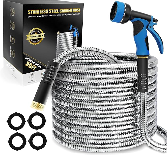 Lefree 50ft Metal Garden Hose - Heavy Duty 304 Stainless Steel Flexible Water Hose, No Kinks & Leak-Proof with Upgraded Handle, 10-Function Spray Nozzle for Balcony, Patio, Small Yard, Car Wash | Heavy Duty Flexible Hose, No Kinks & Leak-Proof with Upg...