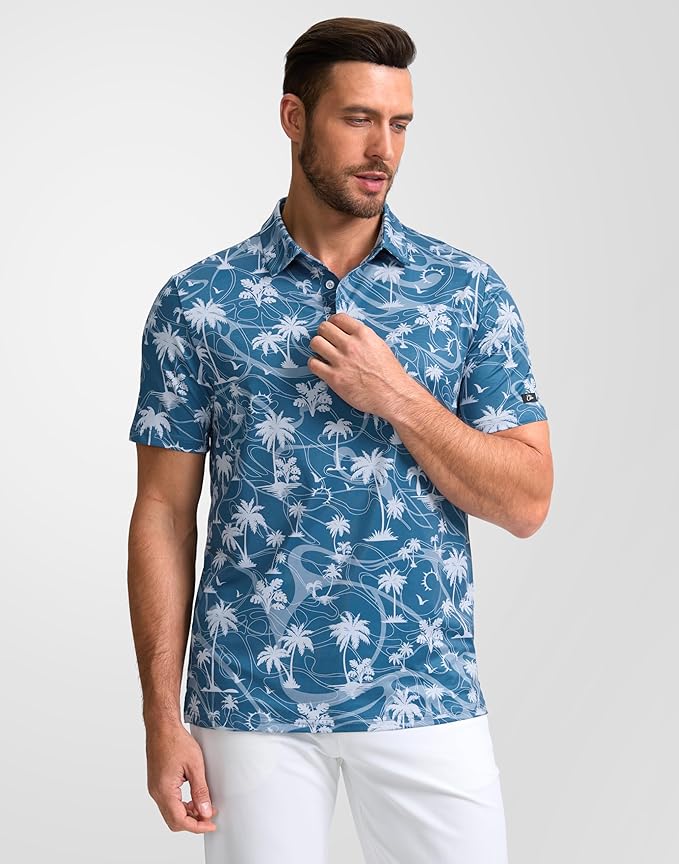 Obla Mens Golf Polo Shirts Short Sleeve Dry Fit Performance Moisture Wicking Casual Print Collared Golf Shirts for Men