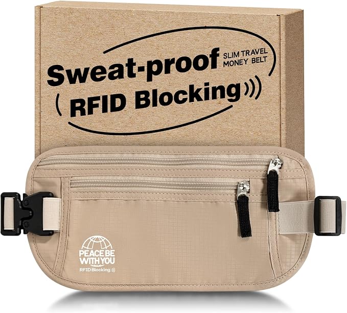 Money Belt for Travel, Passport Holder, RFID Blocking, Sweat-Proof, Beige | 3rd Gen Hidden Waist Wallet Anti Theft to Protect Cash, Credit Cards and Documents Under-Clothes for Men & Women, Bamneat