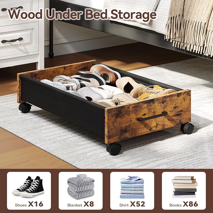 Wooden Under Bed Storage Drawer with Wheels for Space-Saving Storage | Ideal for seasonal clothing, extra blankets, shoes and everyday household essentials