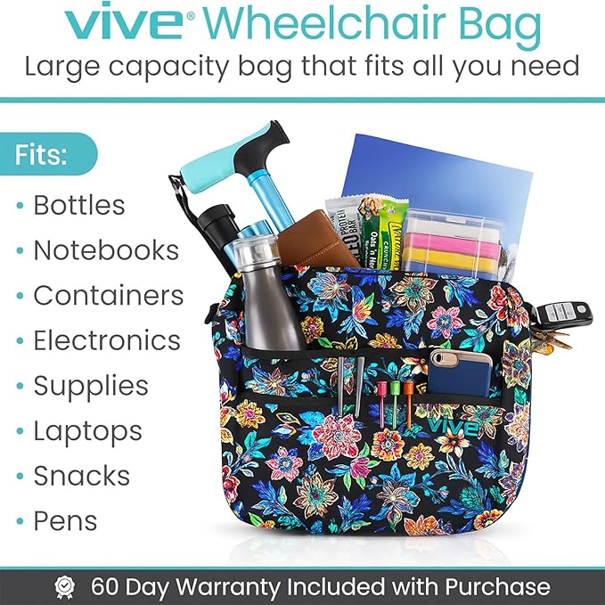 Vive Wheelchair Bag - Machine Washable, Double-Stitched, Water-Resistant Accessory Backpack for Rollators, Wheel Chairs, Walkers - Pouch with XL Pockets & Straps for Quick Installation (Black Floral)