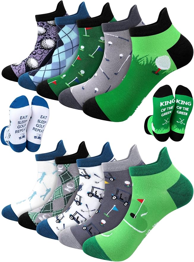 10 Pairs Novelty Mens Golf Socks Summer Athletic Ankle Low Cut No Show Socks for Golf Lover Player Male Golfer Birthday Holiday Team Gifts