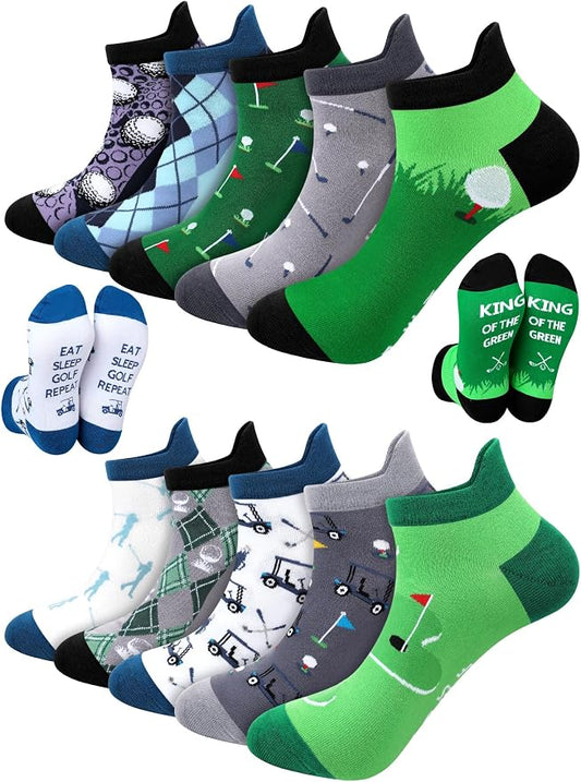 10 Pairs Novelty Mens Golf Socks Summer Athletic Ankle Low Cut No Show Socks for Golf Lover Player Male Golfer Birthday Holiday Team Gifts