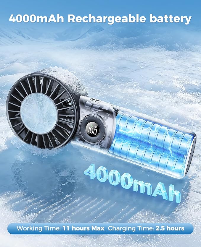 Portable Handheld Fan with Semiconductor Ice Cooling, 5 Seconds Cool Down | 4000mAh Handheld Fan/Table Fan/Neck fan 3 In 1, Rechargeable 10500 RPM Turbo cooling fan for Outdoor,Office,Camping,Travel