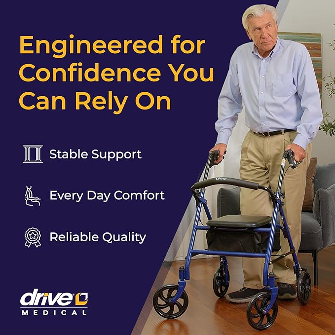 Drive Medical Rollator Walker with Seat, 7.5 Inch Wheels, Blue | Rollator Walker Offers Stable, Height Adjustable Mobility Support with Durable Steel Frame and Wheels