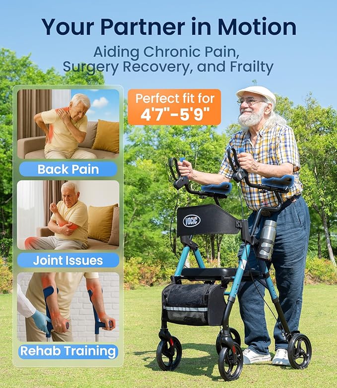 VOCIC Walkers for Seniors, Upright Walker with Adjustable Armrests, Z22 GelCool Stand Up Walker with Ergo Seat & Backrest, 8" All Terrain Rollator with 300lb,Cup& Cane Holder