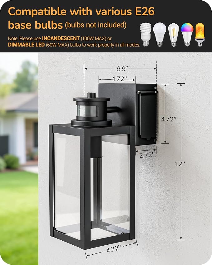 EDISHINE Black Motion Sensor Dusk to Dawn Outdoor Wall Light with Outlet | GFCI, 3 Modes, Clear Glass, Dimmable, E26 Base, 12"H, Waterproof Exterior Wall Sconce for Front Door, Garage, Patio