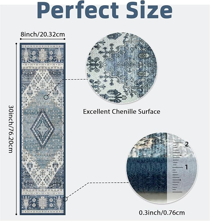 sarben 8"x30" Non Slip Stair Treads for Wooden Steps 15 Pack, Blue Ivory | Peel and Stick Carpet Stair Runner with TPE Adhesive Backing, Carpet for Added Safety, Pet and Senior Friendly