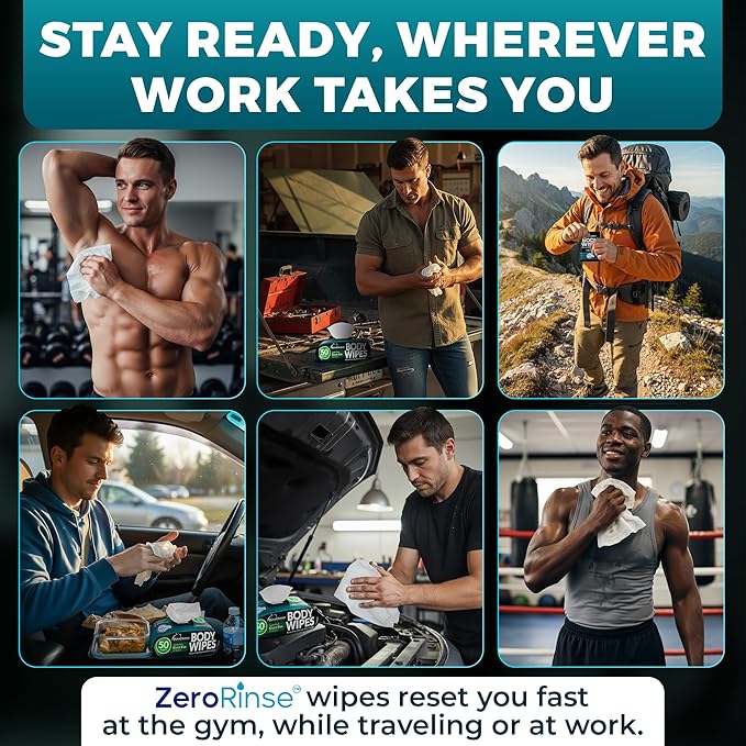 XL Body Wipes for Men – 50 No Rinse Shower Sheets + 4 Travel Bath Sachets, 10" x 11.5" Adult Disposable Washcloths and Face Towels for Camping, After Gym and Survival Gear