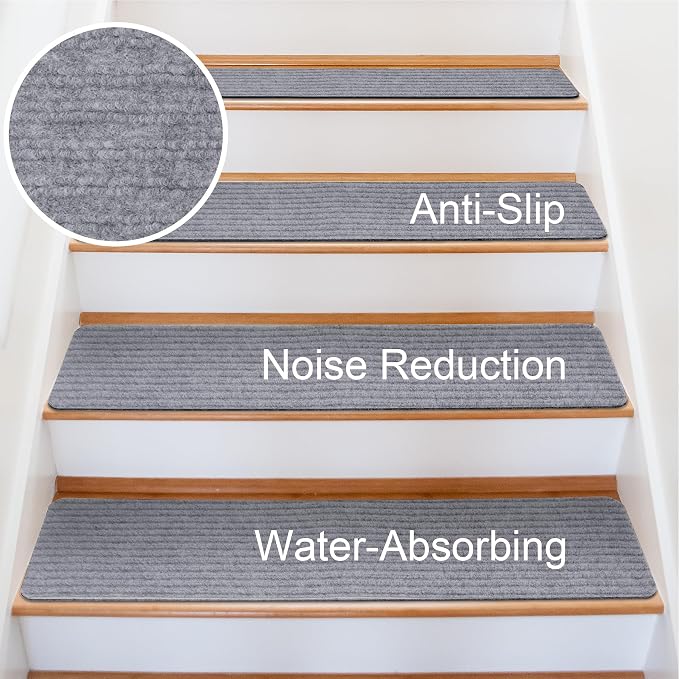 Extra Wide Non Slip Stair Treads for Wooden Steps – 15 Pack 9" x36'‘Extra Wide Carpet Runners with Reusable Adhesive, Step Pads for Dogs, Kids, Seniors, Machine Washable – Light Grey