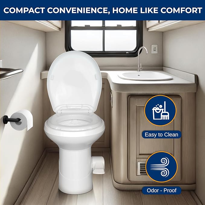 SereneLife RV Gravity Flush Toilet with Foot Pedal and Hand Sprayer | T-Type Full-Bowl Flush Coverage With Odor-Resistant Sealing For RVs, Boats, Campers, Trailers And Marine Bathrooms