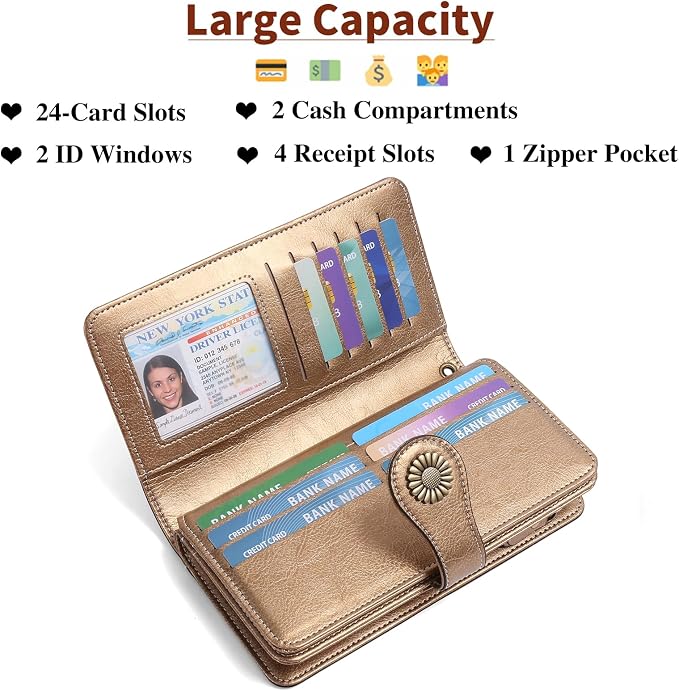 SENDEFN Wallets for Women Leather Credit Card Holder with RFID Blocking Large Capacity Wristlet | with RFID Blocking