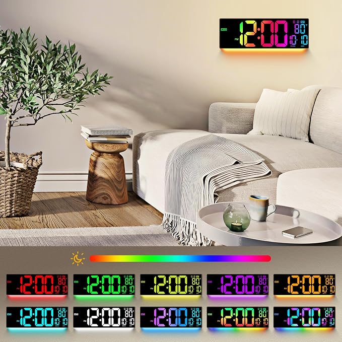 16.5" Large Digital Wall Clock: 11 RGB Color LED Display with Remote Control, Auto DST, Temperature & Date, Big Number Wall Clock for Seniors, Classroom, Office, Gym, Home Decor Brown