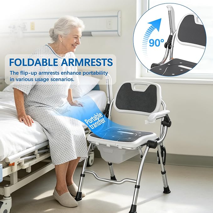 3 in 1 Folding Bedside Commode Chair,No-Assembly Foldable Shower Chair for Inside Shower with Arms and Back,Portable Toilet for Adults Elderly,Adjustable Height Raised Toilet Seat with Handles