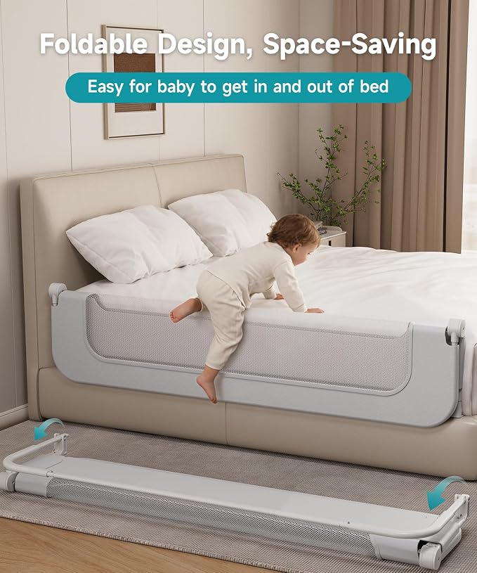 Bed Rail for Toddlers - 71 Inch Foldable Baby Guard | Height Adjustable | Foldable | Fits Full/Queen/King/Twin Beds | U-shape base provides Safety sleep protection | Grey