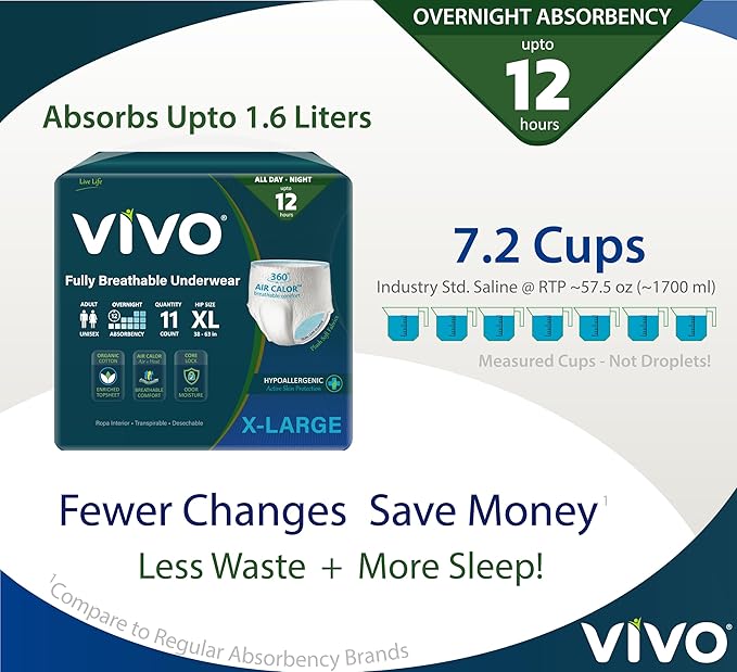 VIVO Organic Cotton Sensitive Skin Overnight Adult Incontinence Pullup Underwear, Women & Men, X-Large 22 Count