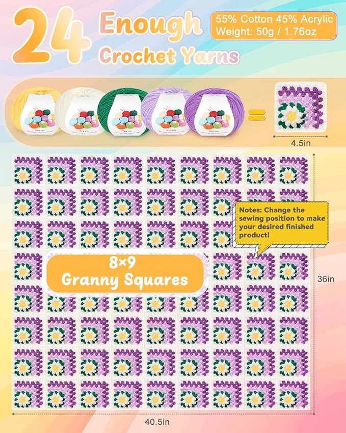 Coopay Crochet Blanket Kit for Beginners, Easy 3D Granny Square Blanket Kit | Crochet Kit W/Video Tutorial & Digital Instructions, All Accessories Included, Easy Knitting to Create Granny Square Blanket