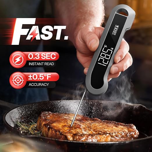 0.3 Sec Instant Read Meat Thermometer Digital for Cooking, Grey | ±0.5℉ Precision, Food Thermometer for Grilling, Air Fryer, Smoker, Candy, BBQ Essentials, Gift for Dad Men Birthday