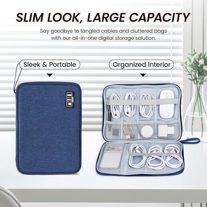 Electronic Organizer Travel Case, Slim Cable Accessories Pouch, Single Layer Tech Pouch & Cord Storage Bag for Chargers, Power Bank, SD Cards - Minimalist Travel Essentials